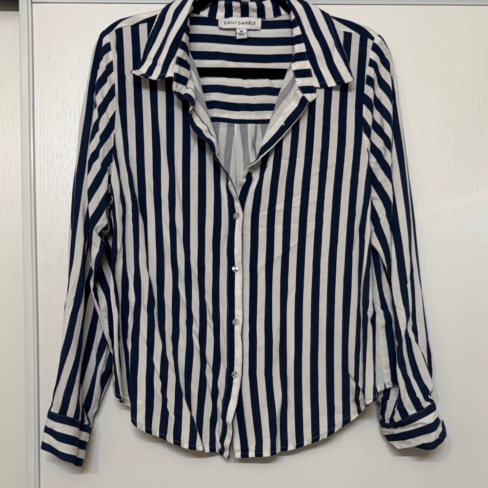 Navy and White Striped Button-Up Shirt